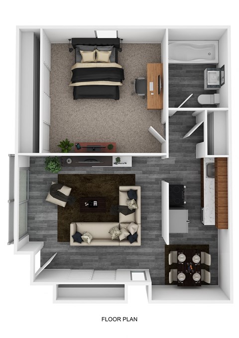 Floor plan for 1 bed, 1 bath, 600 sqft